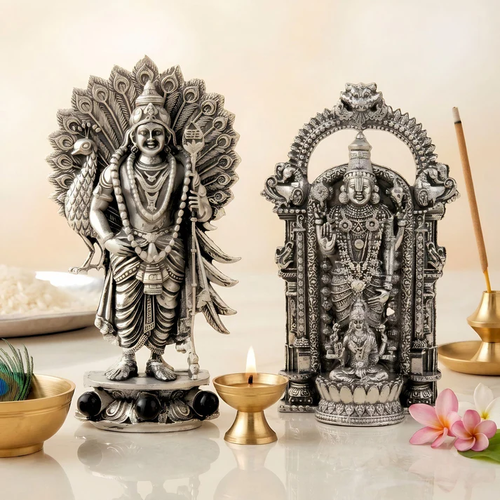 Sri Venkateswara Mahalakshmi & Lord Murugan Idol Combo ( Silver Plated )